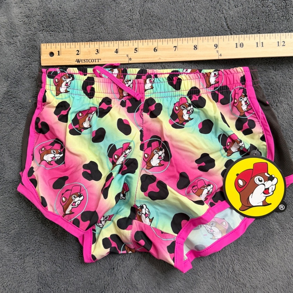 Buc-ee's Running Shorts Kids YXS Multicolor New Rainbow Leopard Mascot Print - Picture 6 of 7